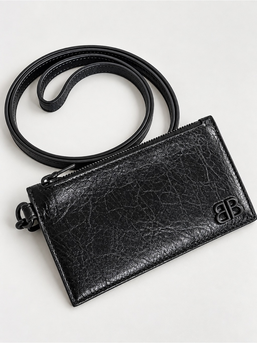 BALENCIAGA Black Textured Leather Card Holder / Pouch Lanyard with BB Logo NEW